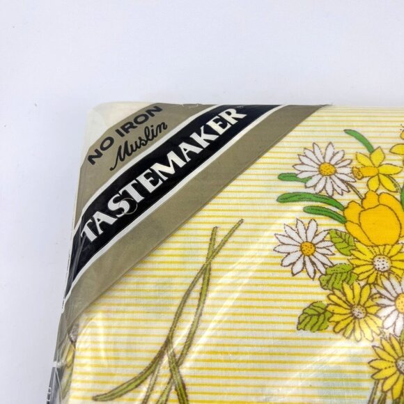 Tastemaker No Iron Muslin Twin Fitted Sheet Yellow Floral Stripe NOS - Picture 3 of 6